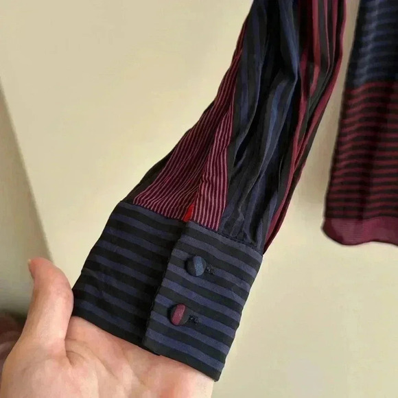 Joie Striped Button Down Shirt, Navy Blue/Black/Red/Magenta, Size Medium - Picture 8 of 16